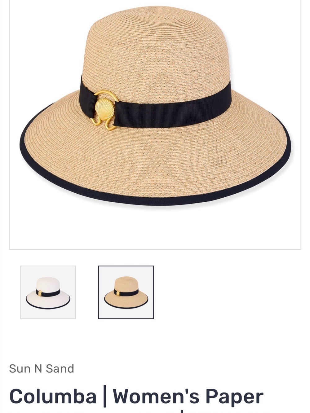 Women's Wide-Brim Straw Sun Hat with Black Band and Gold Accent - Natural